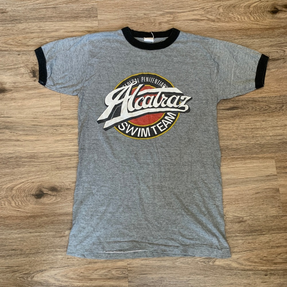 Vintage 1980s Monterey Alcatraz Swim Team Ringer T-Shirt Single Stitch XL Slim